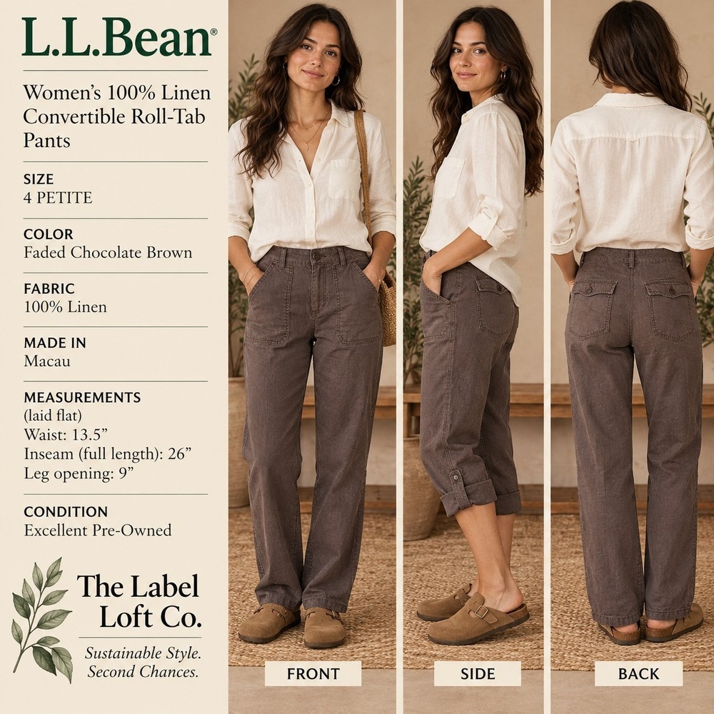 L.L.Bean Linen Pants Womens 4 Petite Brown Convertible Roll Tab 100% Linen